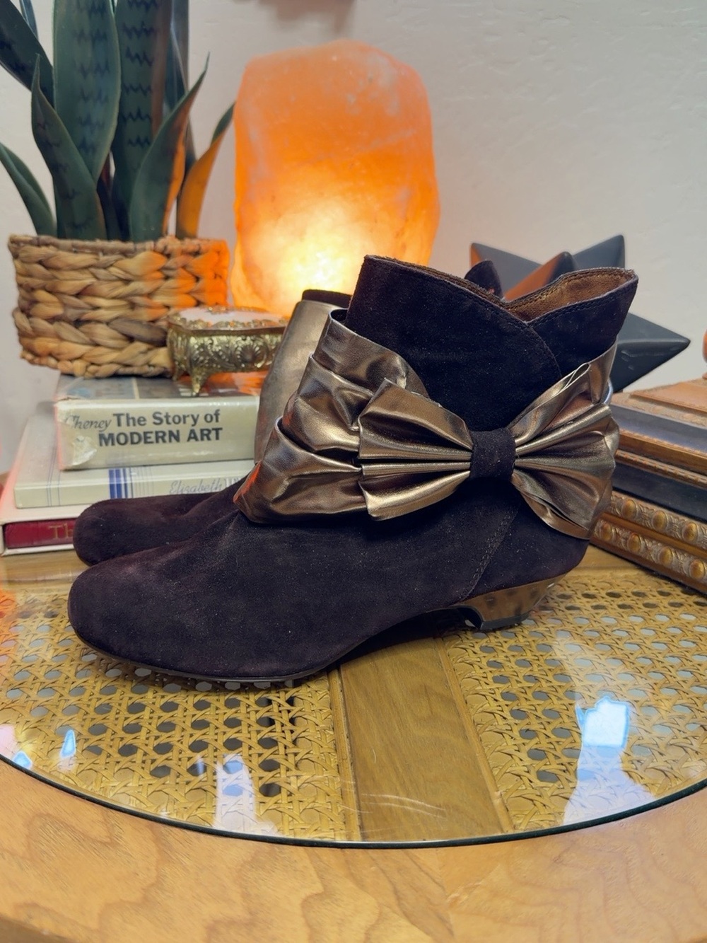 Poetic Licence London Brown Bronze Bow Ankle Boots Size 7 Whimsical